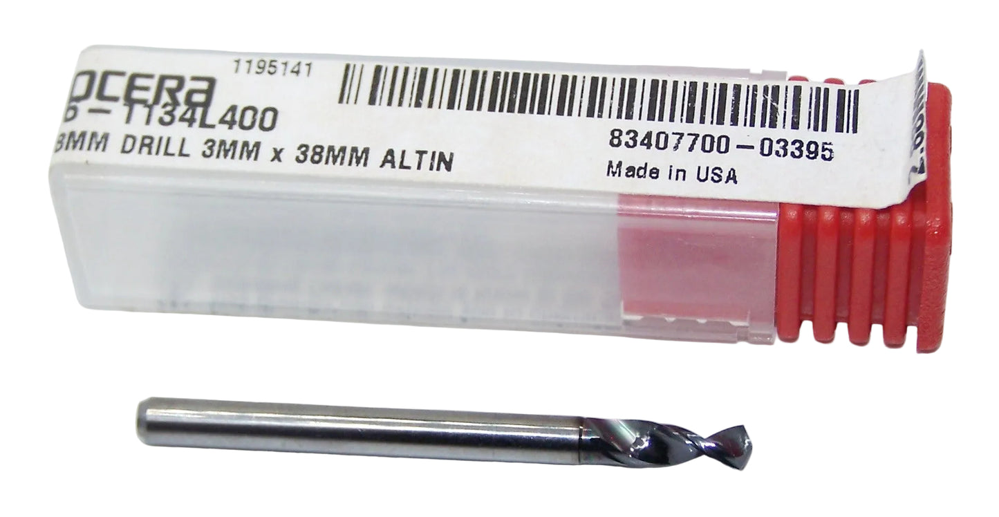 226-1134L400 Kyocera 2.88mm Carbide Drill 2 FLUTE ALTiN Coated 0.1134" Diameter 0.400" Flute 1.5" Length 0.1181" Shank 130° Point