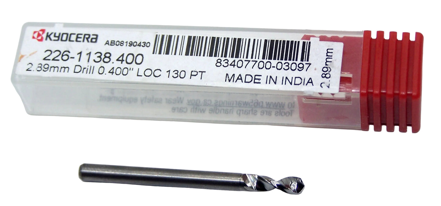 226-1138.400 Kyocera 2.89mm Carbide Drill 2 FLUTE 0.1138" Diameter 0.400" Flute 1.5" Length 0.1181" Shank 130° Point