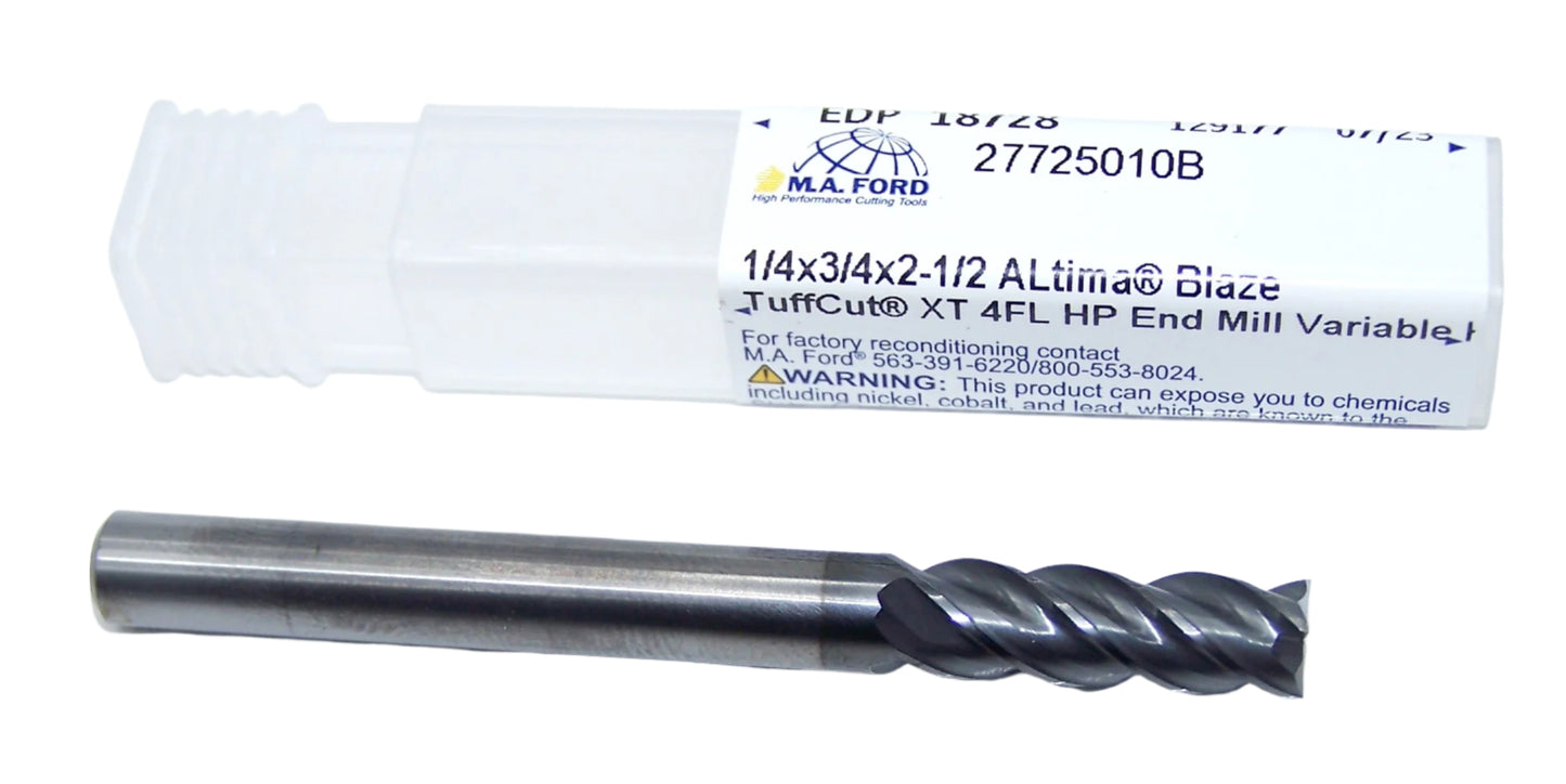 27725010B MAFORD 1/4" Carbide 4 Flute End Mill SQ .2500" Diameter .750" Flute 2.50" Length .250" Shank (18728) TuffCut XT