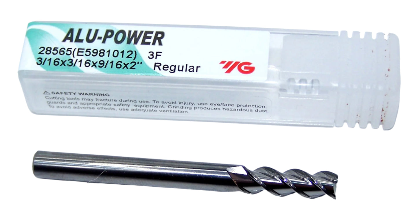 28565 YG1 3/16" Carbide 3 Flute End Mill ALU-POWER SQ for Aluminum .1875" Diameter .563" Flute 2.00" OAL .1875" Shank