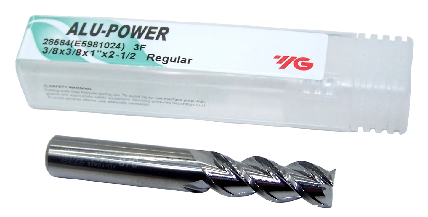 28584 YG1 3/8" Carbide 3 Flute End Mill ALU-POWER SQ for Aluminum .375" Diameter 1.00" Flute 2.50" OAL .375" Shank