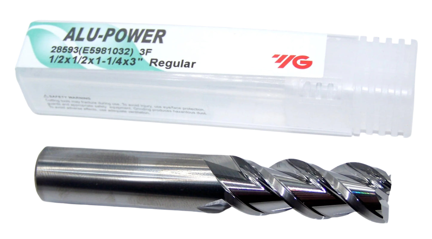 28593 YG1 1/2" Carbide 3 Flute End Mill ALU-POWER SQ for Aluminum .500" Diameter 1.25" Flute 3.00" OAL .500" Shank