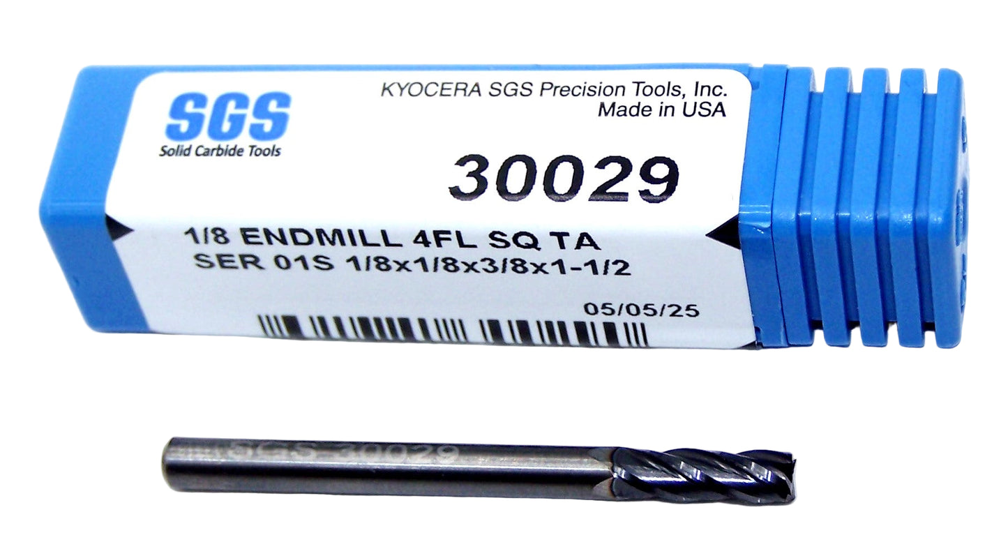 30029 Kyocera SGS 1/8" Carbide End Mill 4 Flute SQ AlTiN .1250" DIA .375" Flute 1.50 Length .125" Shank