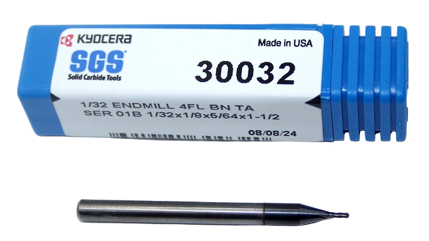30032 Kyocera SGS 1/32" Carbide 4 Flute End Mill Ball AlTiN Coated .0312" Diameter .0781" Flute 1.50" Overall Length .125" Shank