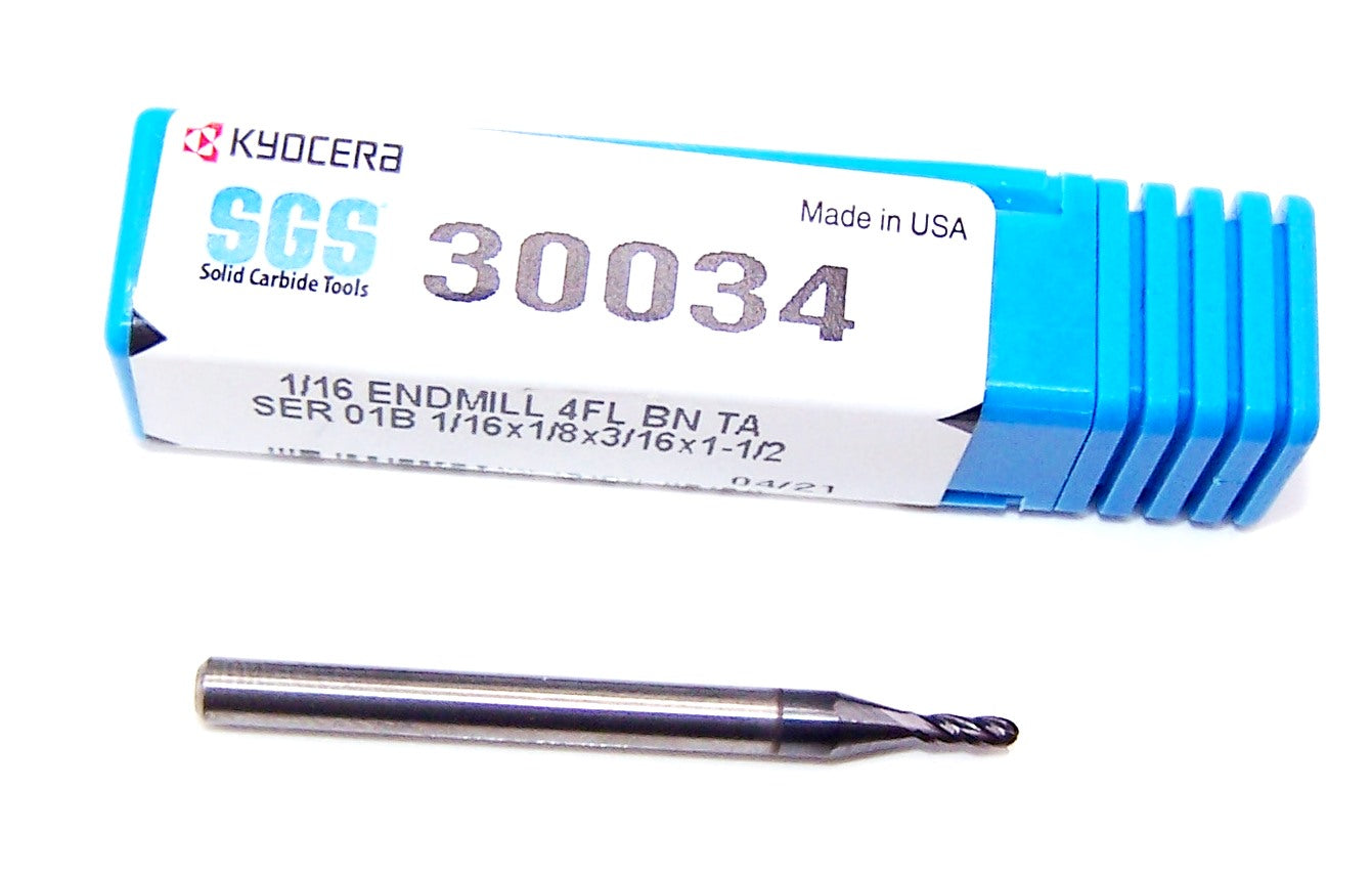 30034 Kyocera SGS 1/16" Carbide 4 Flute End Mill Ball AlTiN Coated .0625" Diameter .188" Flute 1.50" Overall Length .125" Shank