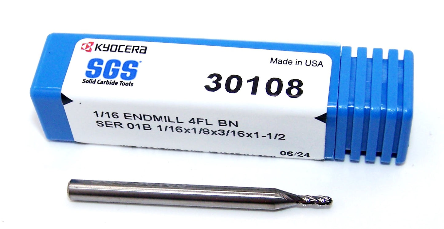 30108 Kyocera SGS 1/16" Carbide 4 Flute End Mill Ball .0625" Diameter .188" Flute 1.50" Overall Length .125" Shank