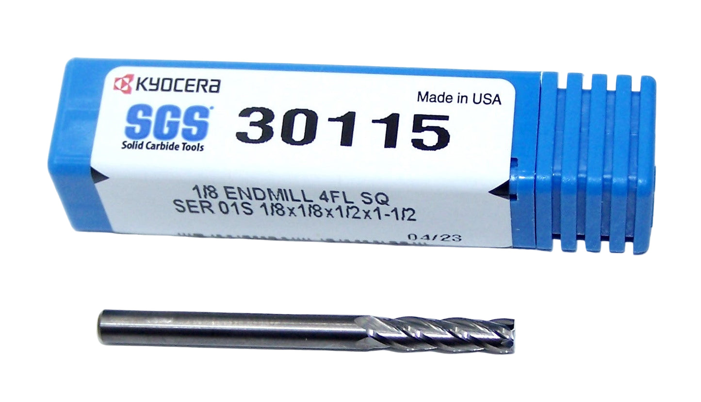 30115 Kyocera SGS 1/8" Carbide End Mill 4 Flute SQ .1250" DIA .500" Flute 1.50 Length .125" Shank