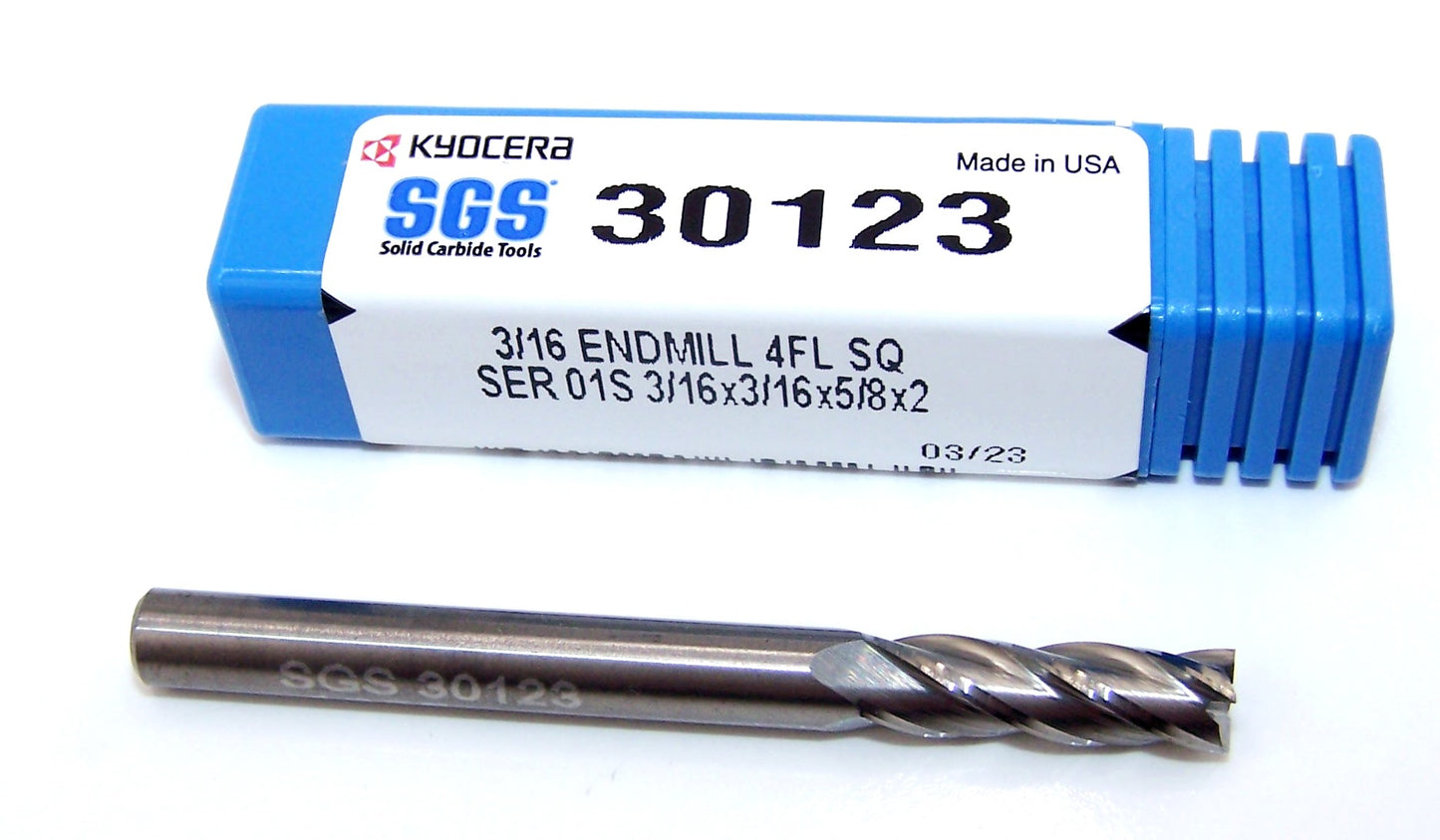 30123 Kyocera SGS 3/16" Carbide End Mill 4 Flute SQ .625"LOC General Purpose .1875" DIA