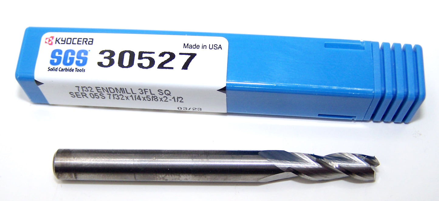 30527 Kyocera SGS 7/32"CARBIDE 3 Flute End Mill SQ .2188" Diameter .625"Flute 2.50" OAL .250" Shank