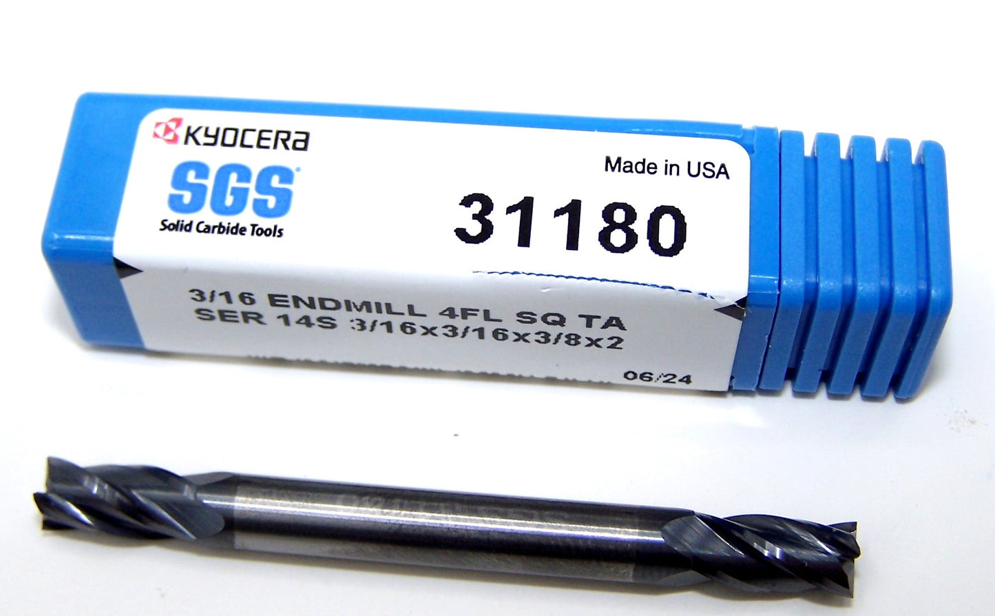 31180 Kyocera SGS 3/16" Carbide End Mill 4 Flute SQ Double End TiAlN .1875 Diameter .375"Flute 2.00" Length .187" Shank