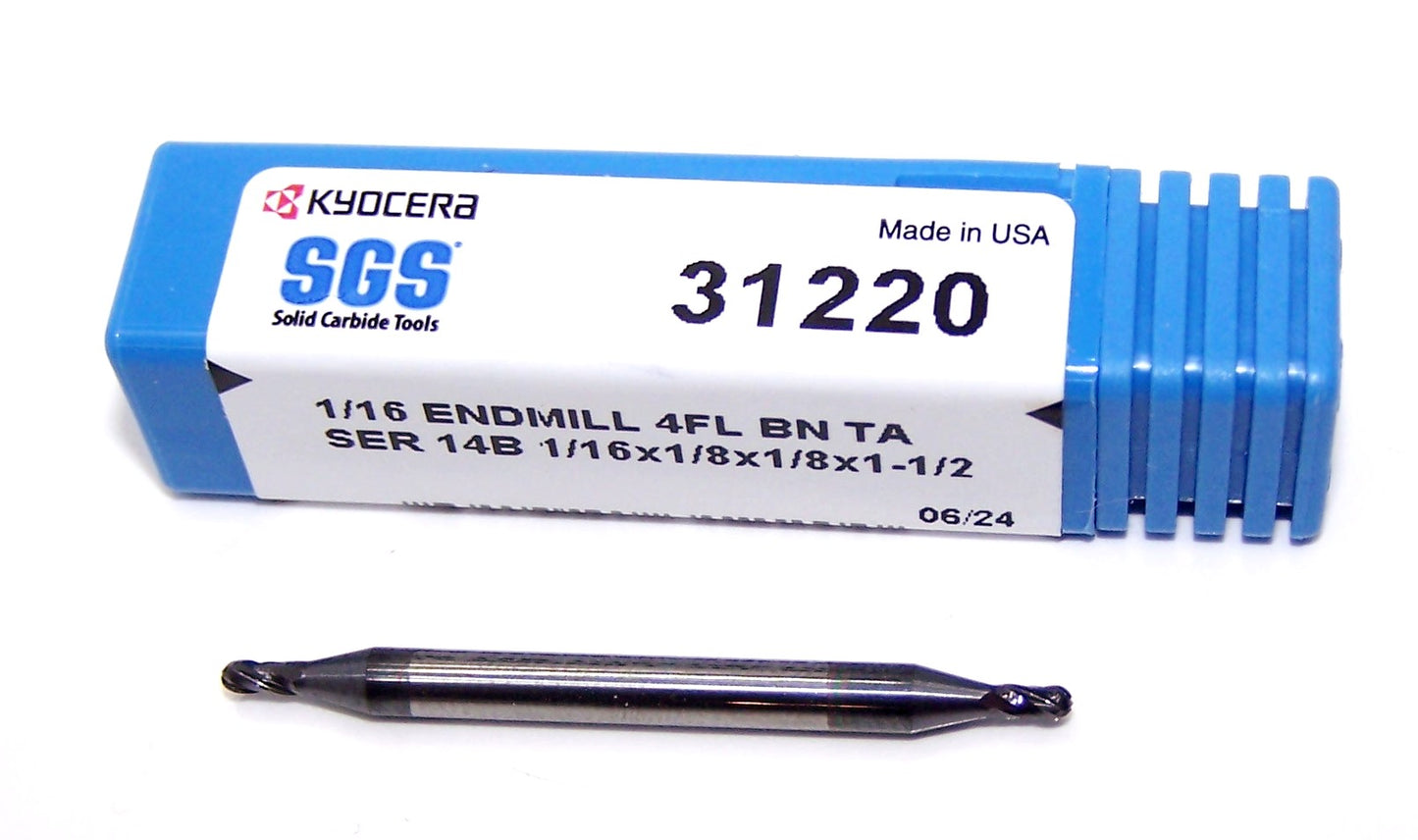 31220 Kyocera SGS 1/16" Carbide 4 Flute End Mill Ball End AlTiN Coated .0625" Diameter .125" Flute 1.50" Overall Length .125" Shank - Double Ended