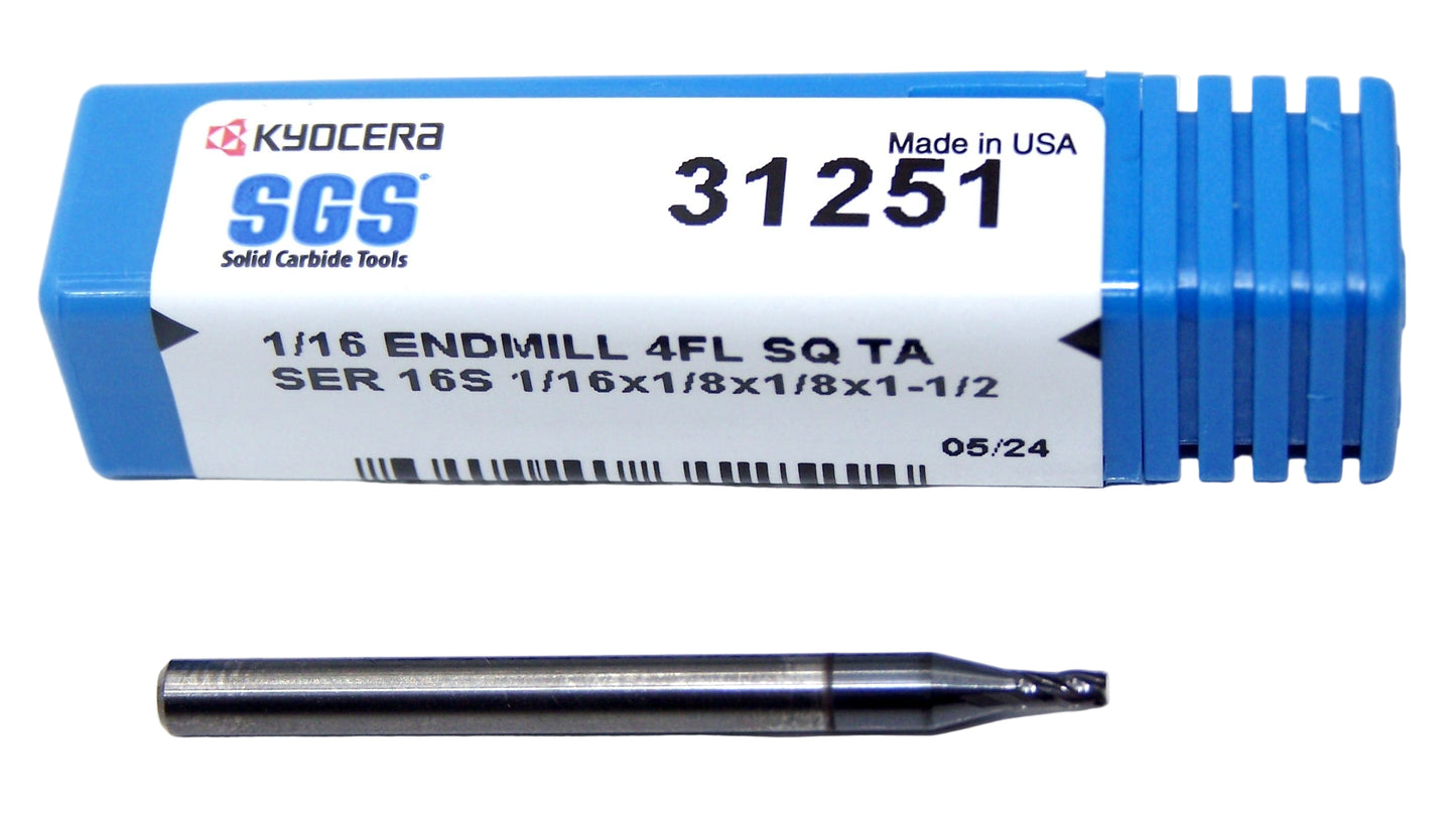 31251 Kyocera SGS 1/16" Carbide 4 Flute End Mill Square AlTiN .0625" Diameter .125 Flute 1.50" Length .125" Shank