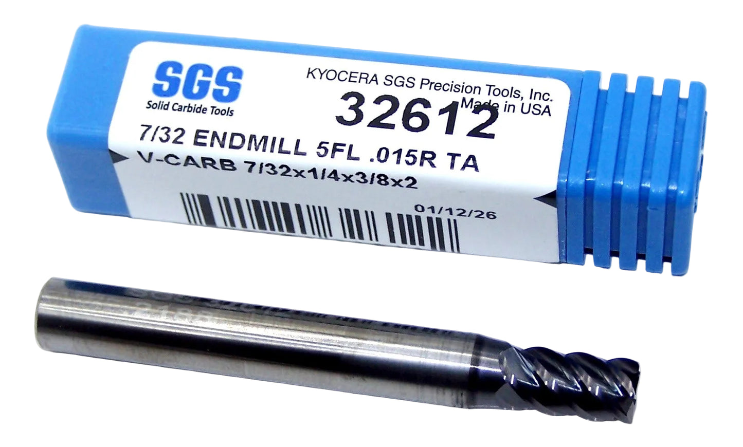 32612 Kyocera SGS 7/32" Carbide 5 Flute End Mill .015" Radius AlTiN Coating .2188" Diameter .350" Flute 2.00" Length .250" Shank V-Carb