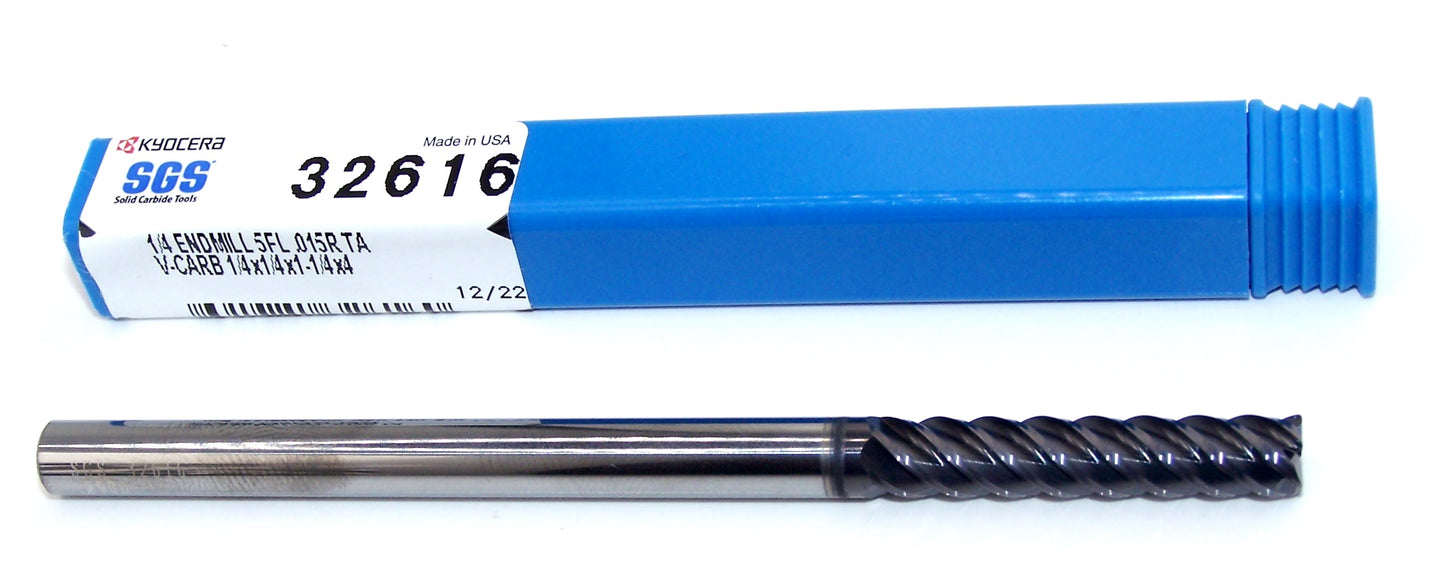 32616 Kyocera SGS 1/4" Carbide 5 Flute End Mill .015" Radius AlTiN Coating .250" Diameter 1.25" Flute 4.00" Length .250" Shank V-Carb