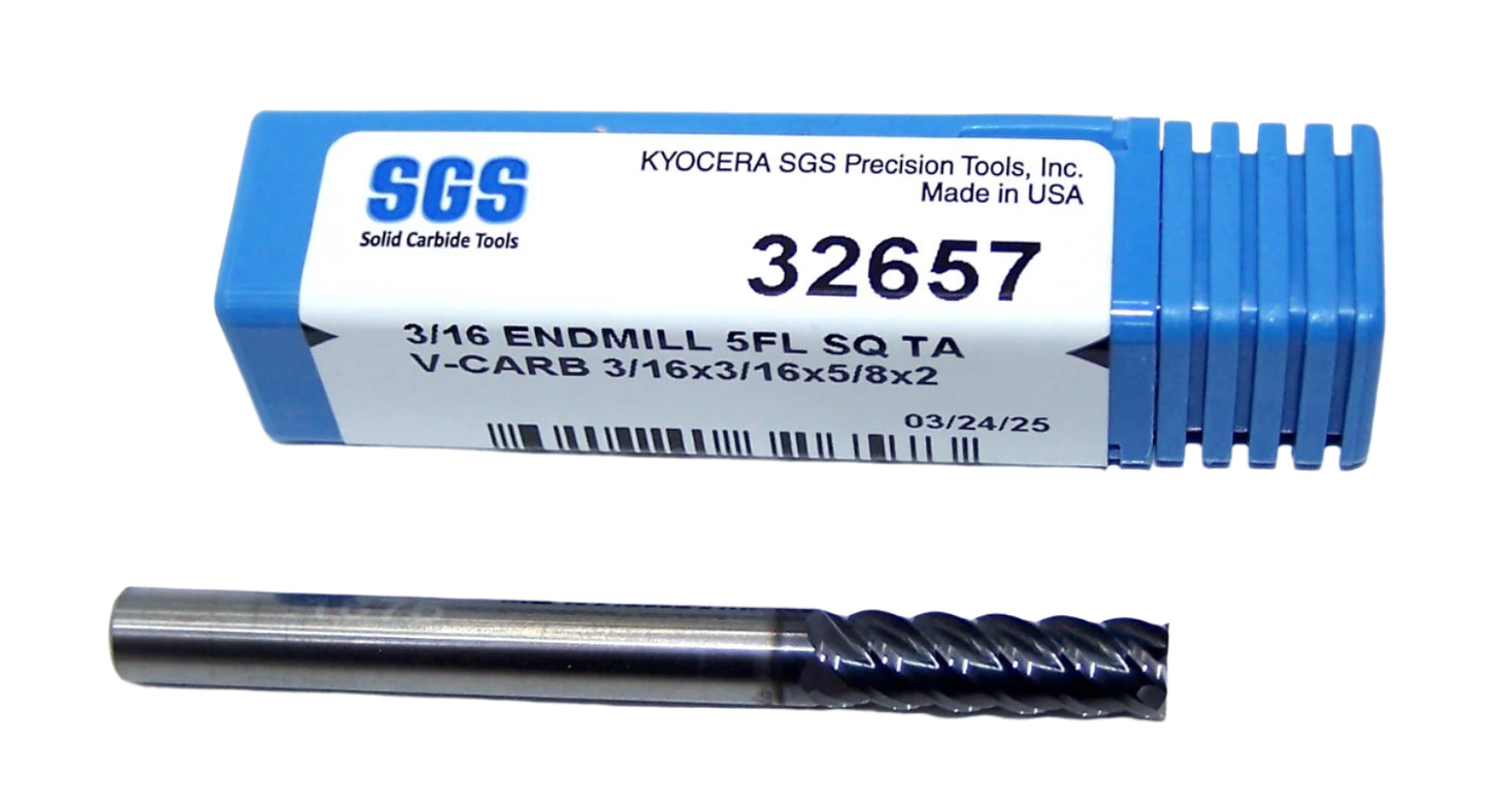 32657 Kyocera SGS 3/16" Carbide 5 Flute End Mill SQ AlTiN Coating .1875" Diameter .625" Flute 2.00" Length .1875" Shank V-Carb