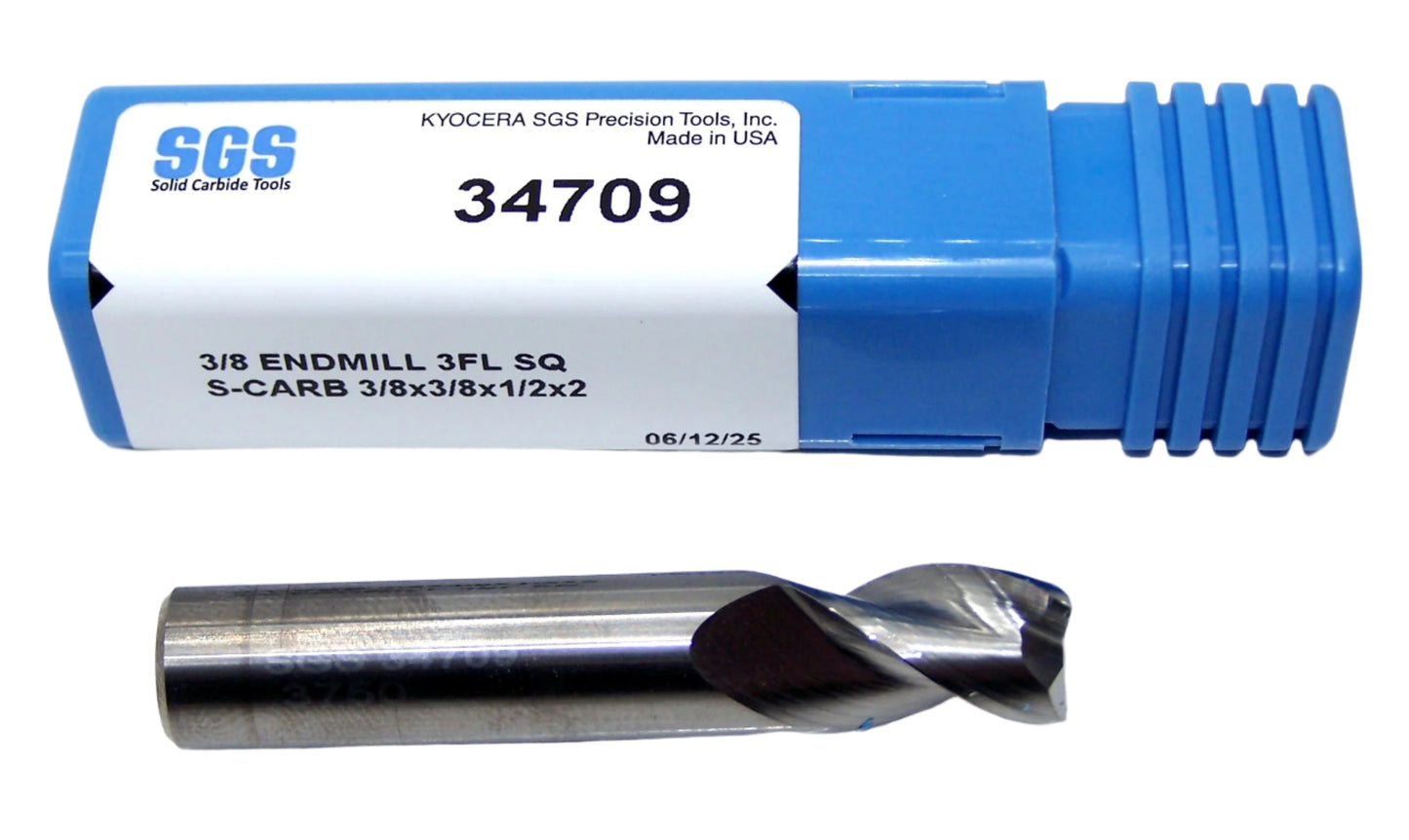 34709 Kyocera SGS 3/8" Carbide 3 Flute End Mill S-Carb Square 0.3750 Diameter .500 Flute 2.00 Length .375 Shank