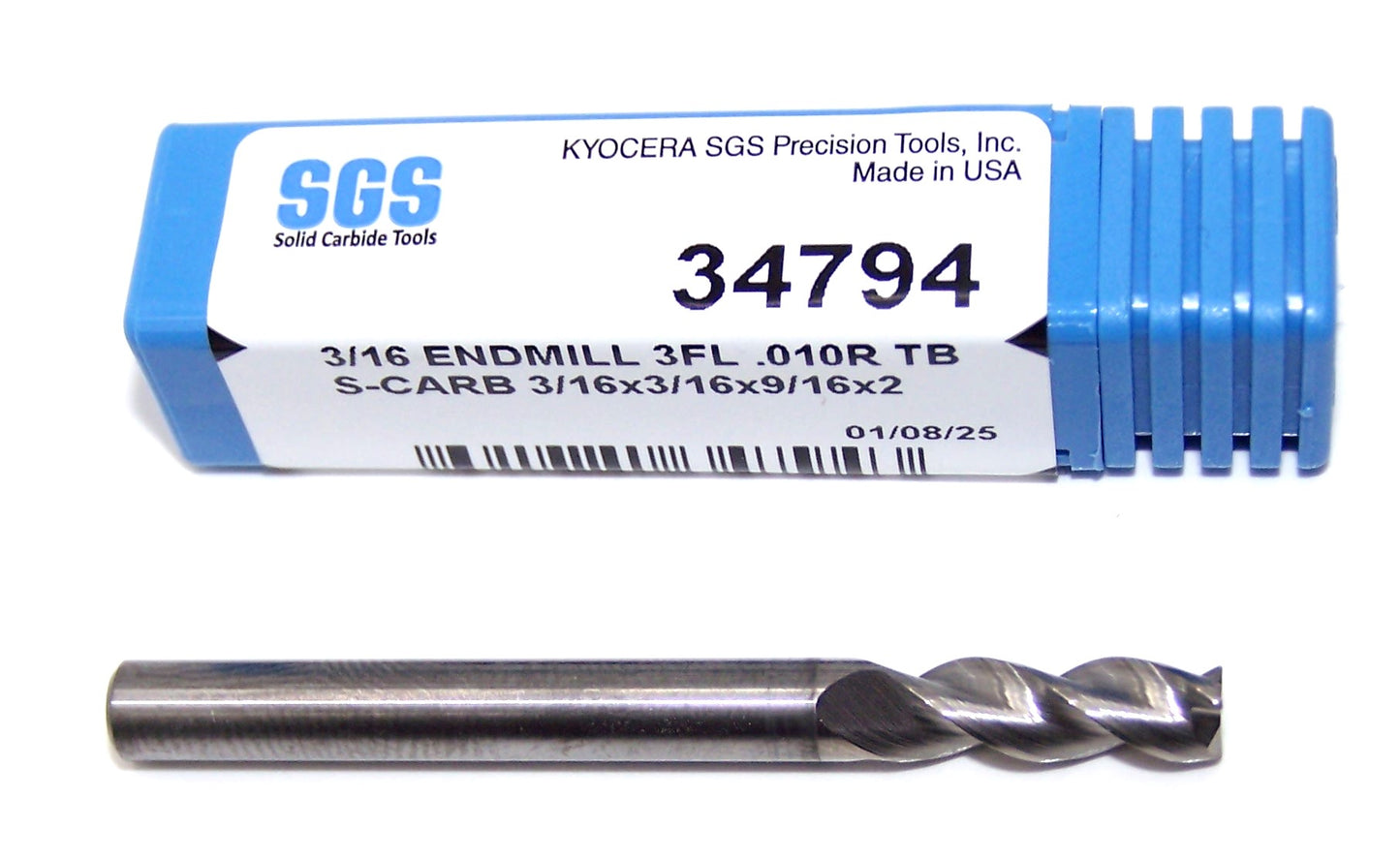34794 Kyocera SGS 3/16" Carbide 3 Flute End Mill TiB2 Coated S-Carb .010 Radius 0.1875 Diameter .5625 Flute 2.00 Length .187 Shank