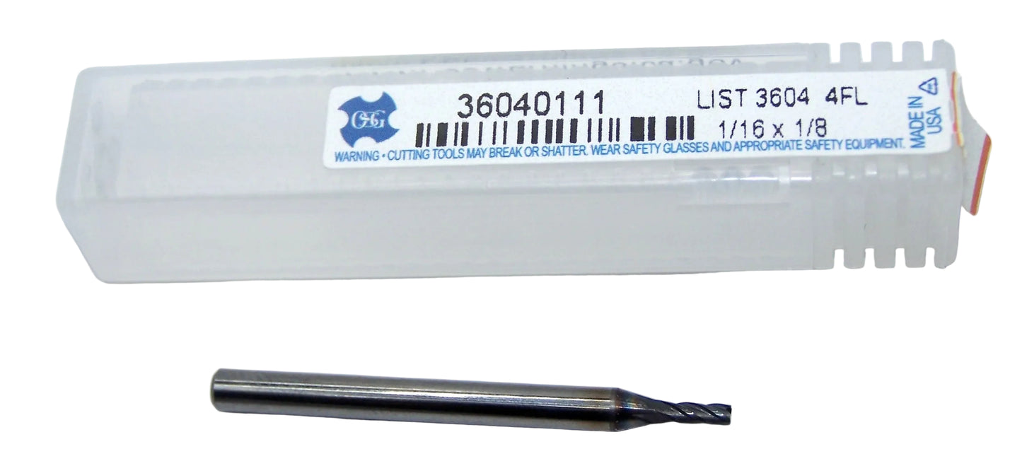 36040111 1/16" Carbide 4 Flute End Mill Square End SQ WXL Coating 0.0625" Diameter 0.1875" Flute 1.50" Length .125" Shank for Hard Metal (Copy)