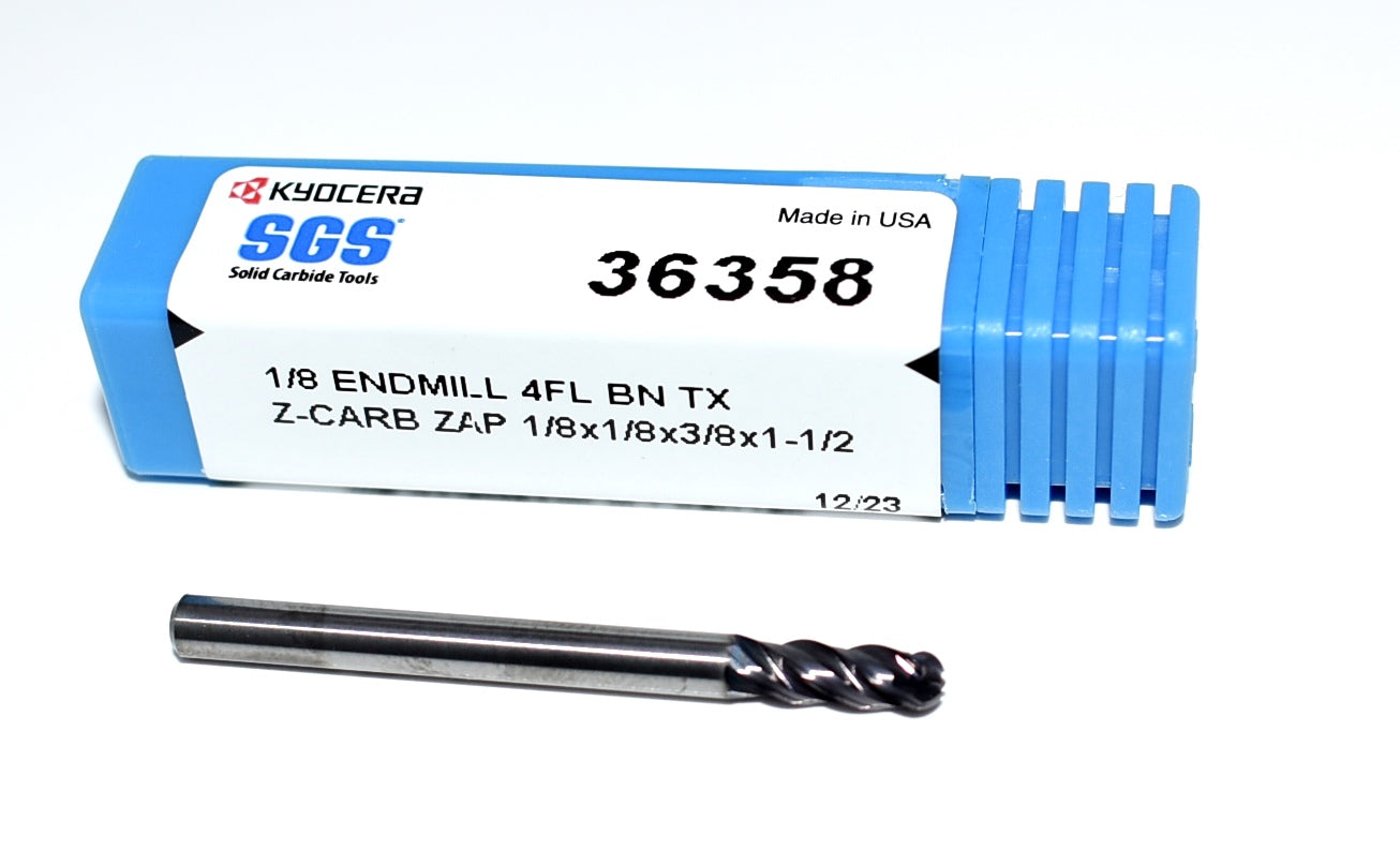 36358 Kyocera SGS 1/8" Carbide 4 Flute End Mill Ball End .1250" Diameter .375" Flute 1.50" Length .125" Shank Z-Carb ZAP