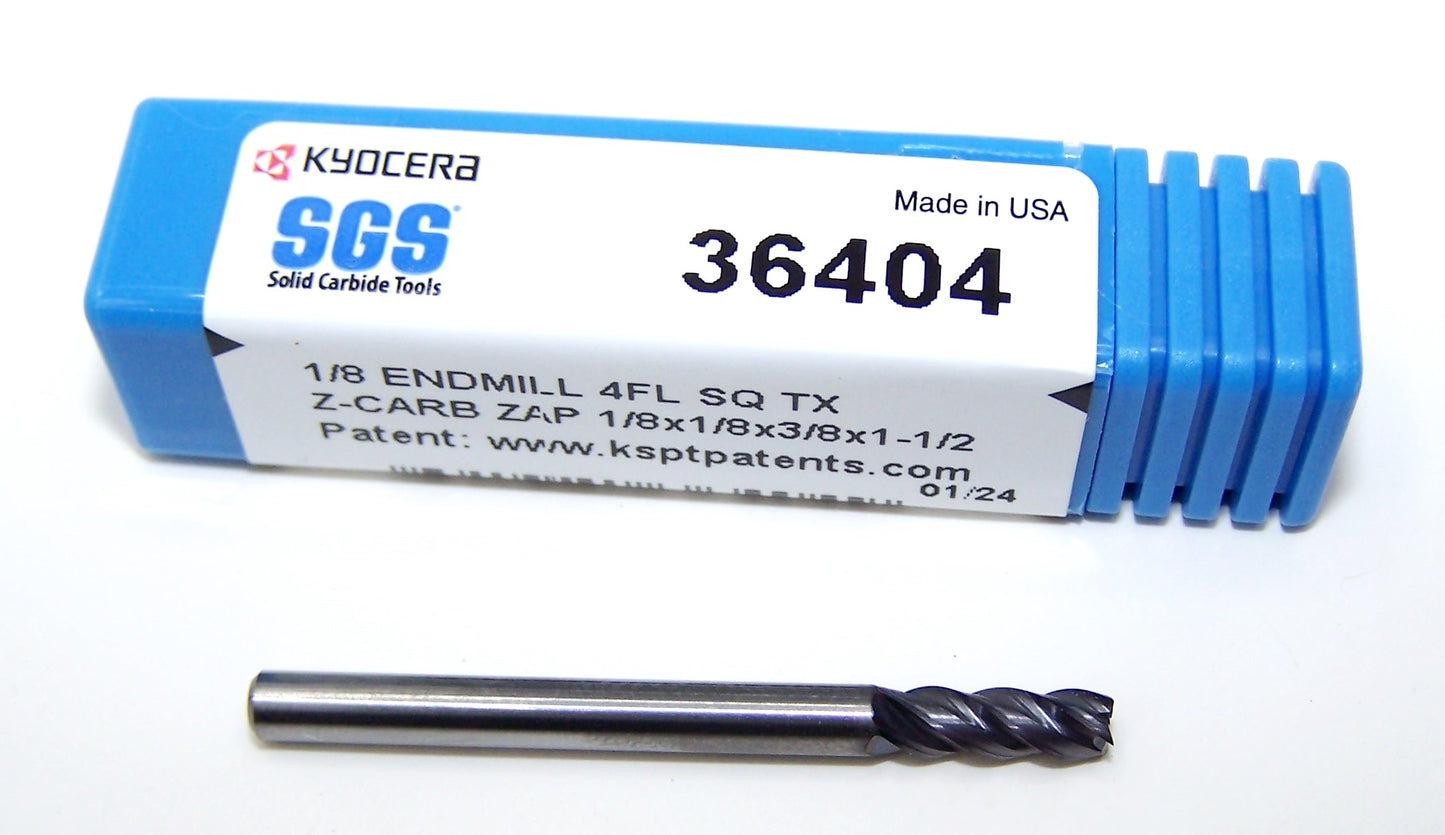 36404 Kyocera SGS 1/8" Carbide 4 Flute End Mill SQ .1250" Diameter .375" Flute 1.50" Length .125" Shank Z-Carb ZAP