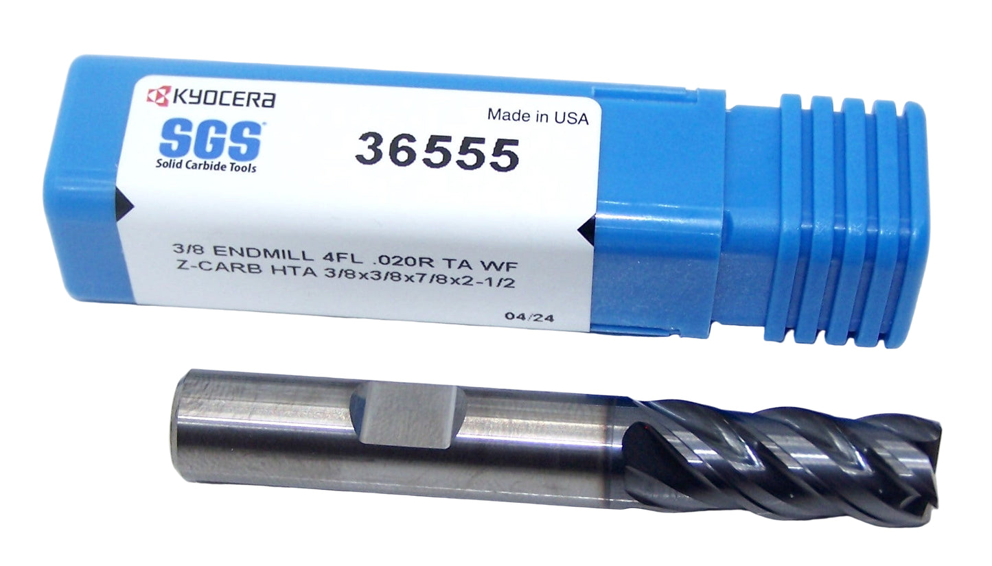 36555 Kyocera SGS 3/8" Carbide 4 Flute End Mill .020" Radius AlTiN Coated .375" Diameter .875" Flute 2.5" Length .375" Shank with Weldon Flat Z-Carb HTA