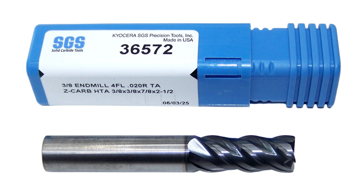 36572 Kyocera SGS 3/8" Carbide 4 Flute End Mill .020" Radius .375" Diameter .875" Flute 2.5" Length .375" Shank Z-Carb HTA
