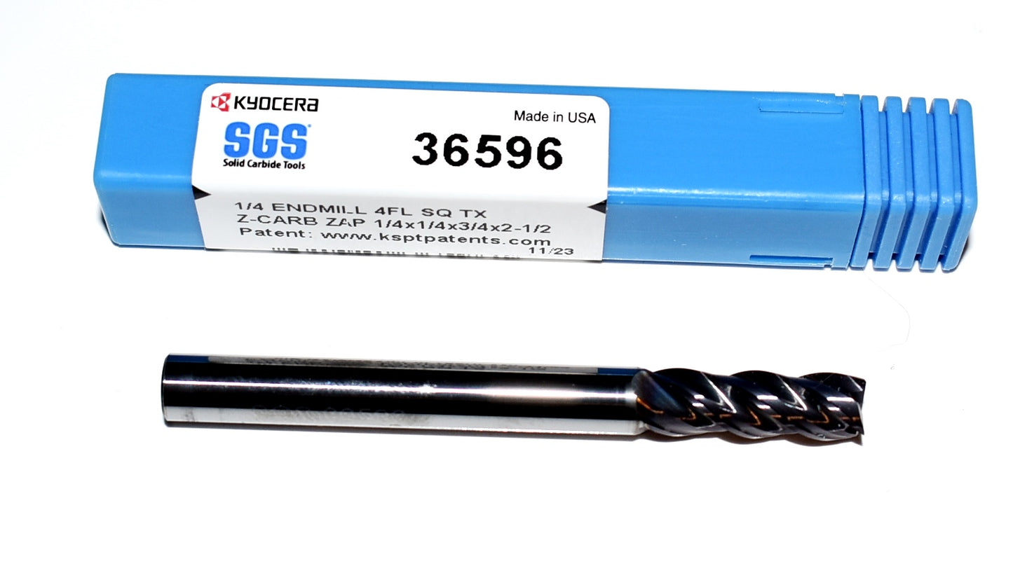 36596 Kyocera SGS 1/4" Carbide 4 Flute End Mill SQ .250" Diameter .750" Flute 2.50" Length .250" Shank  Z-Carb ZAP