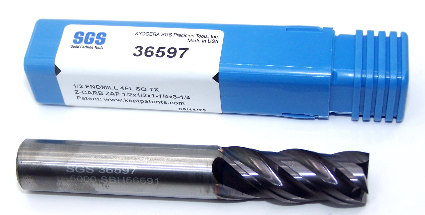 36597 Kyocera SGS 1/2" Carbide 4 Flute End Mill SQ .500" Diameter 1.25" Flute 3.25" Length ..500" Shank Z-Carb
