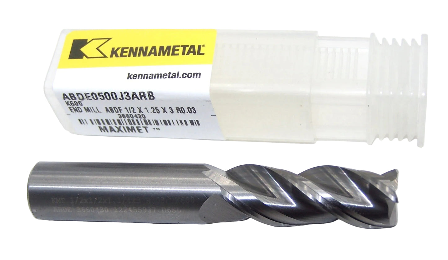 ABDE0500J3ARB K600 Kennametal 1/2" Carbide 3 Flute End Mill .030" Radius Bright .500" Diameter 1.25" Flute 3.00" Length .500" Shank for Aluminum 3660430