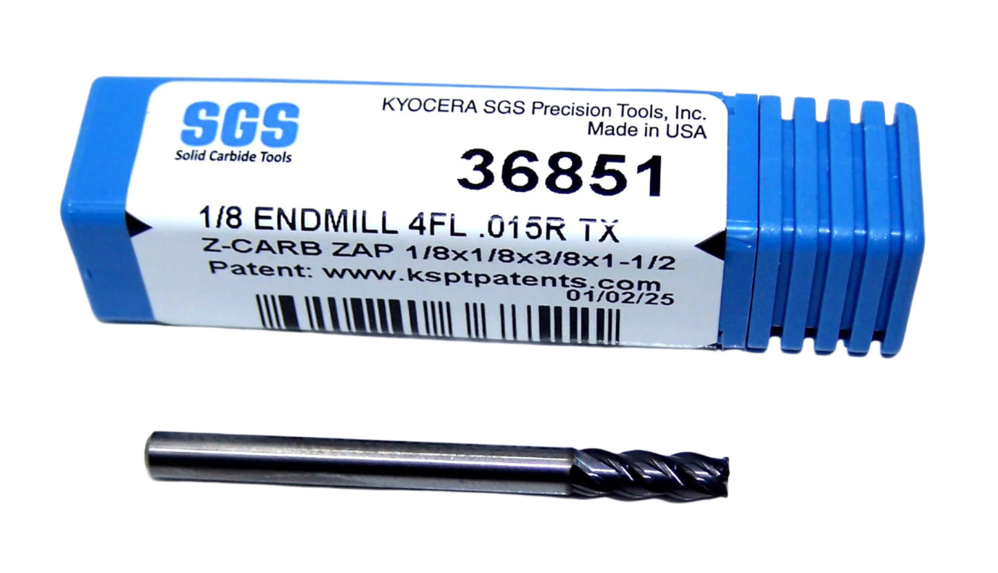 36851 Kyocera SGS 1/8" Carbide 4 Flute End Mill .015" Radius .125" Diameter .375" Flute1.50" Length .125" Shank Z-Carb AP