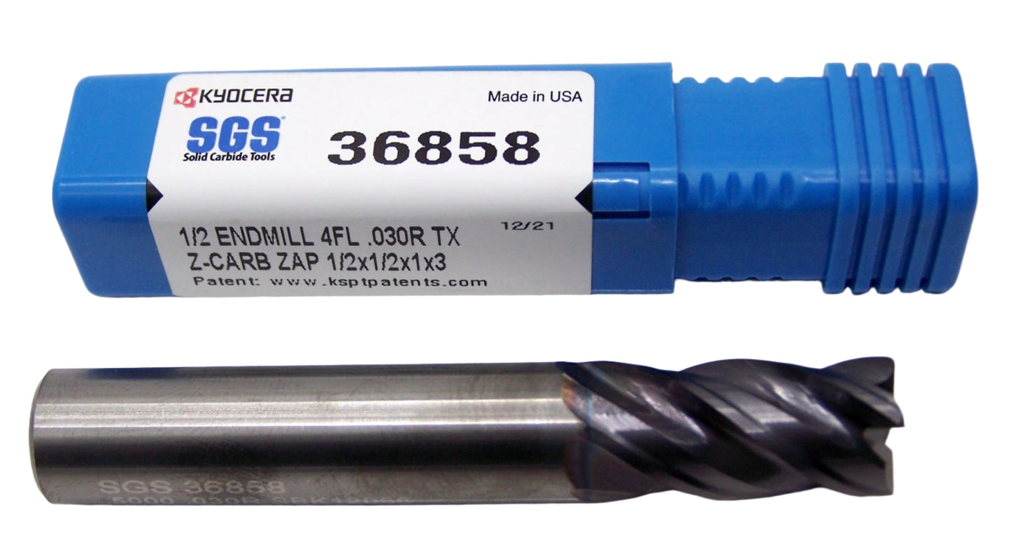 36858 Kyocera SGS 1/2" Carbide 4 Flute End Mill .030" Radius .500" Diameter 1.00" Flute 3.00" Length .500" Shank  Z-Carb AP