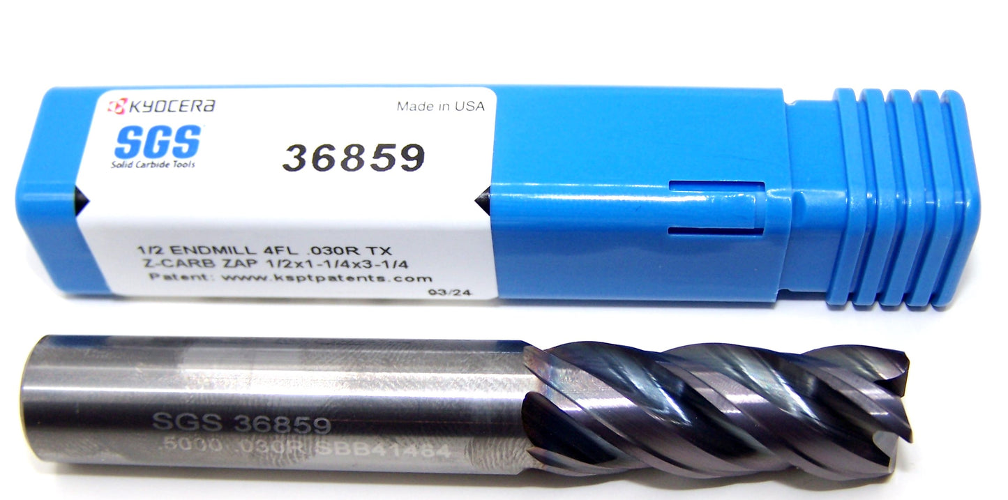 36859 Kyocera SGS 1/2" Carbide 4 Flute End Mill .030" Radius .500" Diameter 1.25" Flute 3.25" Length .500" Shank Z-Carb ZAP