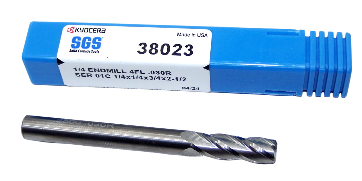 38023 Kyocera SGS 1/4" Carbide End Mill 4 Flute .030" Radius General Purpose .250" Diameter .750" Flute 2.50" Length .250" Shank