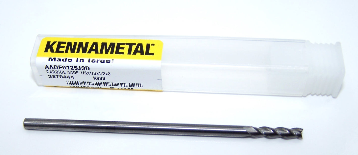 AADE0125J3D K600 Kennametal 1/8" Carbide 3 Flute End Mill .125" Diameter .500" Flute 3.00" Length .125" Shank for Aluminum 3870444