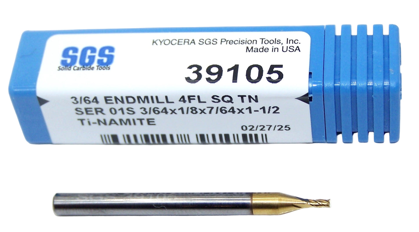39105 Kyocera SGS 3/64" Carbide End Mill 4 Flute SQ TIN .0469" DIA .109" Flute 1.50 Length .125" Shank