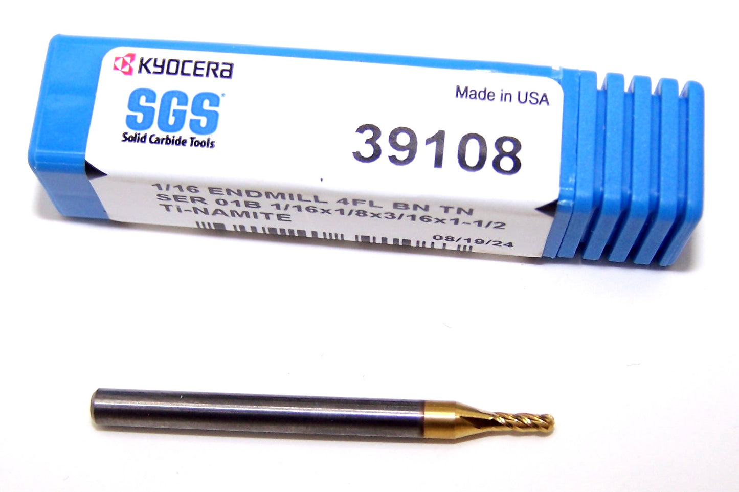 39108 Kyocera SGS 1/16" Carbide 4 Flute End Mill Ball TiN Coated .0625" Diameter .188" Flute 1.50" Overall Length .125" Shank