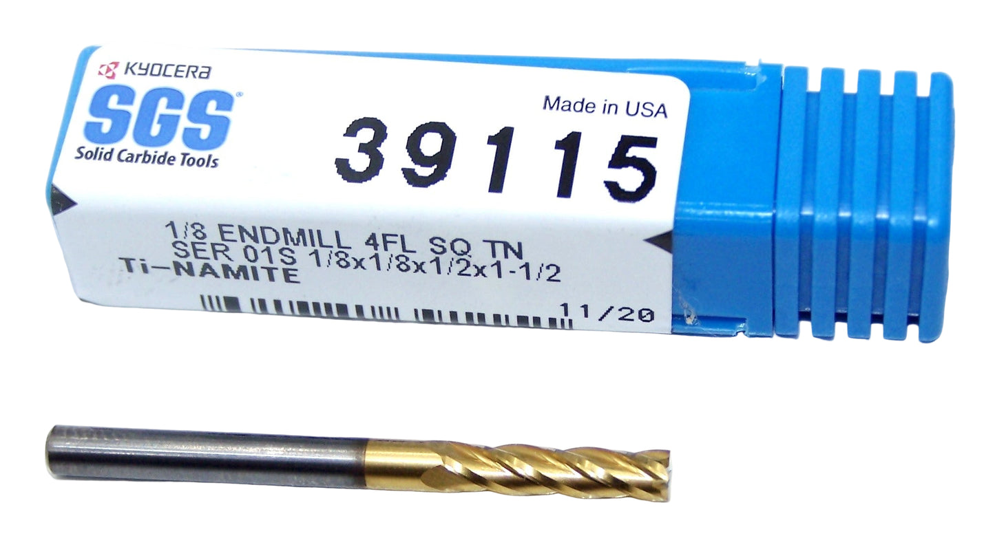 39115 Kyocera SGS 1/8" Carbide End Mill 4 Flute SQ TiN Coated .1250" DIA .500" Flute 1.50 Length .125" Shank