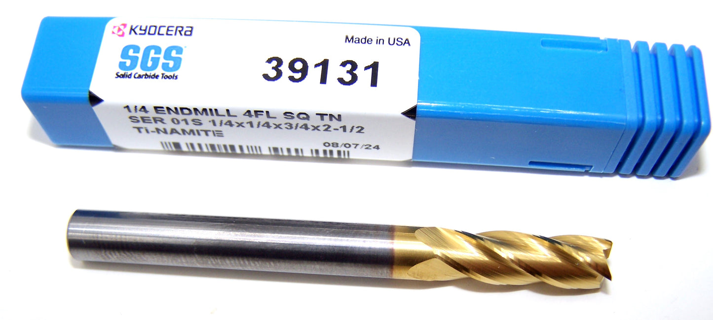 39131 Kyocera SGS 1/4" Carbide End Mill 4 Flute SQ TIN .2500" DIA .750" Flute 2.50 Length .250" Shank