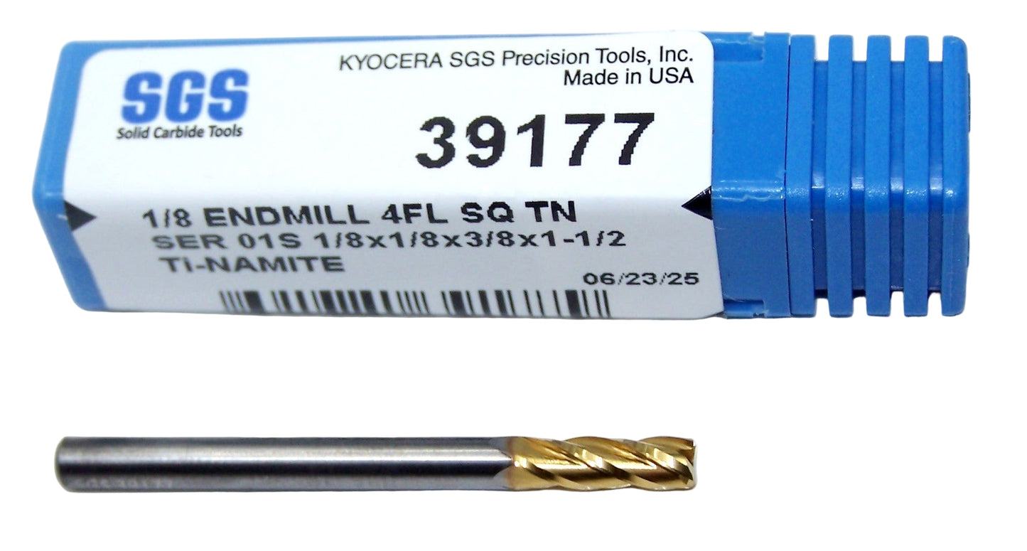 39177 Kyocera SGS 1/8" Carbide End Mill 4 Flute SQ TIN .1250" DIA .375" Flute 1.50 Length .125" Shank