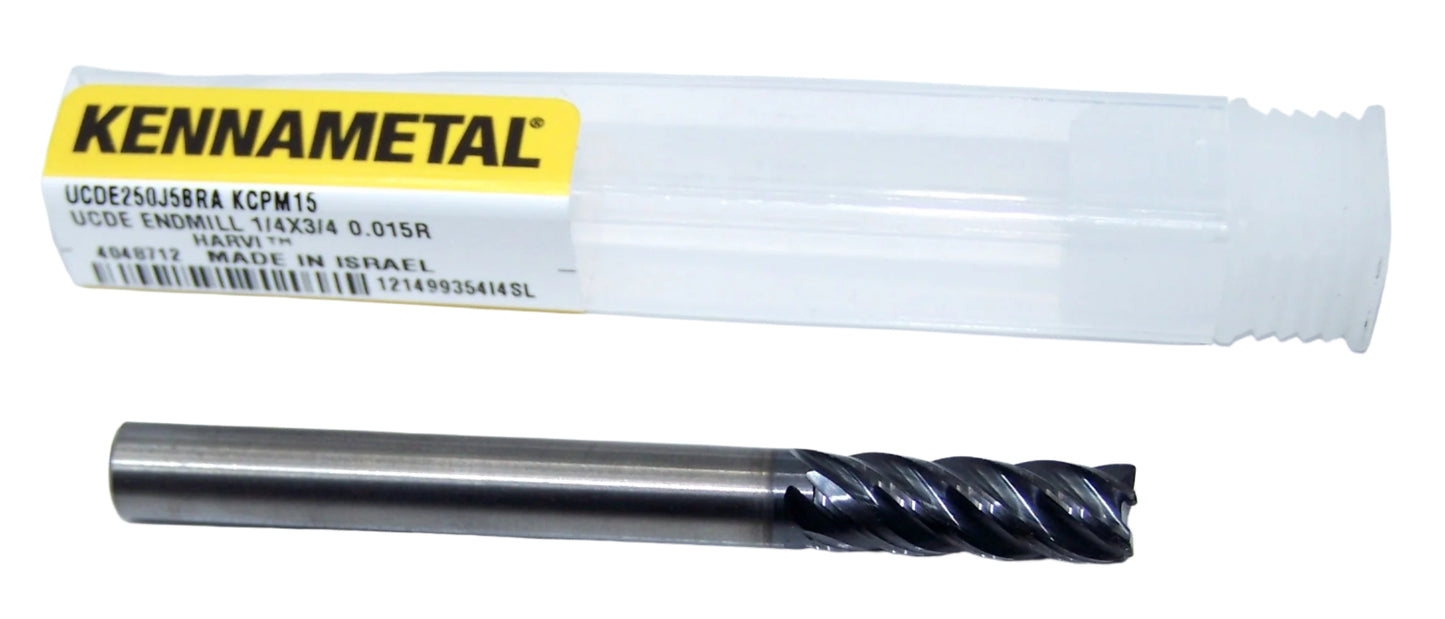 UCDE250J5BRA KCPM15 Kennametal 1/4" Carbide 5 Flute End Mill .015 Radius .250" Diameter .750" Flute 2.50" Length .250" Shank HARVI II 4048712