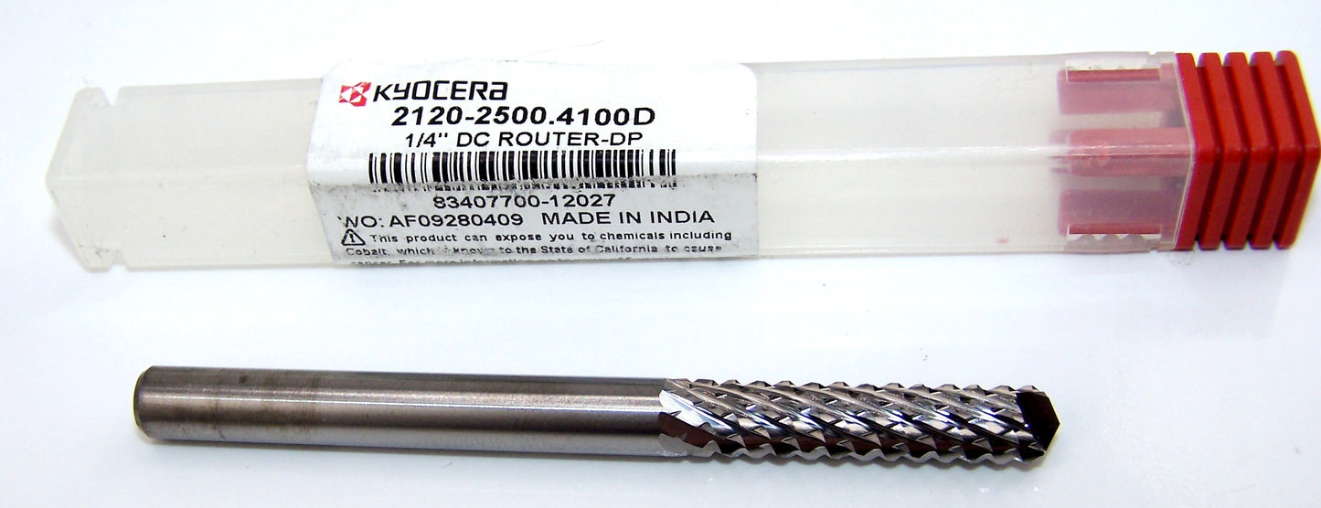 2120-2500.4100D Kyocera 1/4" Carbide Diamond Cut Router Burr Up Cut Drill Point .250"Diameter 1.00" Flute 3.00" Overall Length .250" Shank