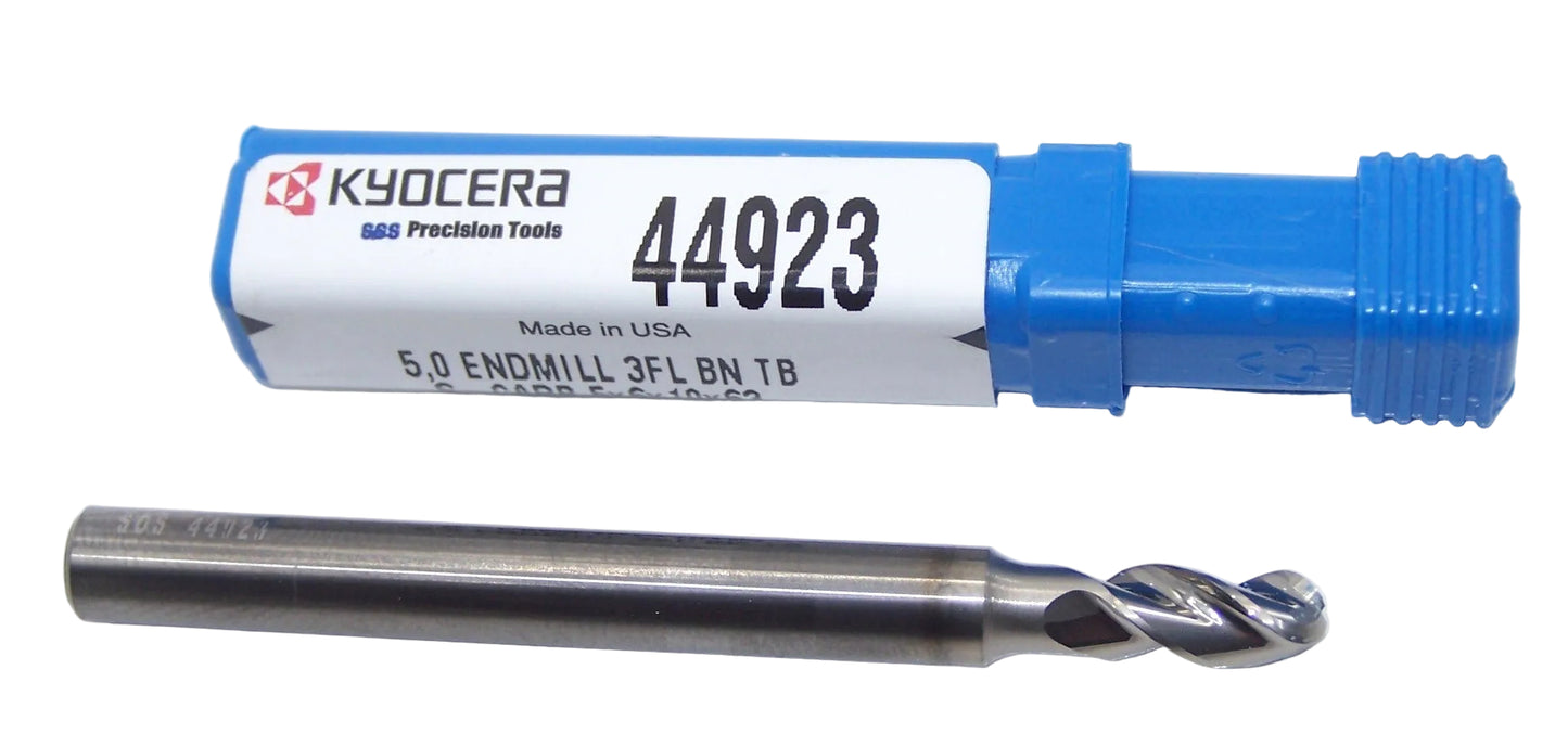 44923 Kyocera SGS 5.00mm Carbide 3 Flute End Mill Ball End TiB2 Coated .1969" Diameter 0.394" Flute 2.48" Length .236" Shank S-Carb