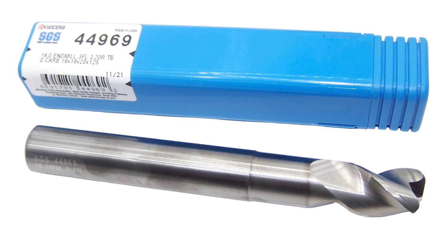 44969 Kyocera SGS 16mm Carbide 3 Flute End Mill S-Carb .125" Radius 1.97" Reach 0.630" Diameter .787" Flute 4.92" Length .630" Shank S-Carb