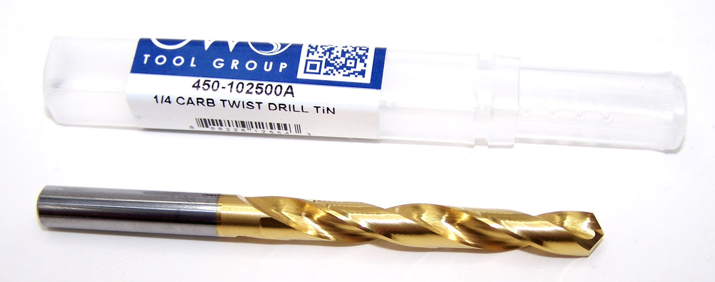 450-102500A Monster Tool 1/4" Carbide Drill 2 Flute TiN .2500" Diameter 2.00"Flute 3.25" Length .250" Shank 118° Point Jobber Drill (Copy)