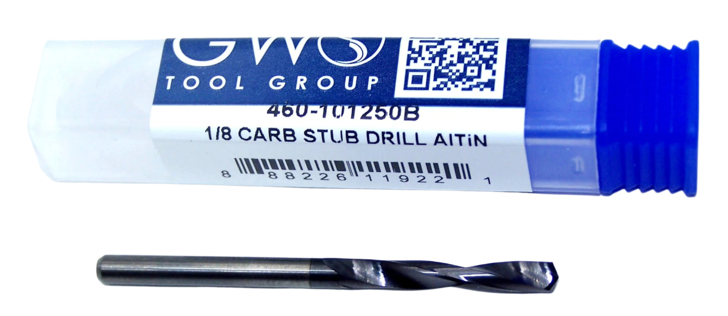 460-101250B Monster Tool 1/8" Carbide 2 Flute Drill AlTiN Stub .1250" Diameter .875" Flute 1.875" Length .125" Shank