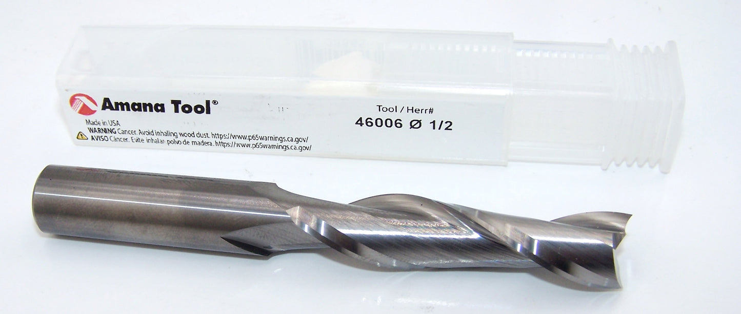 46006 Amana Tool 1/2" Carbide 2 Flute Router up-cut .500" Diameter 2.125" Flute 4.0" Length .500" Shank