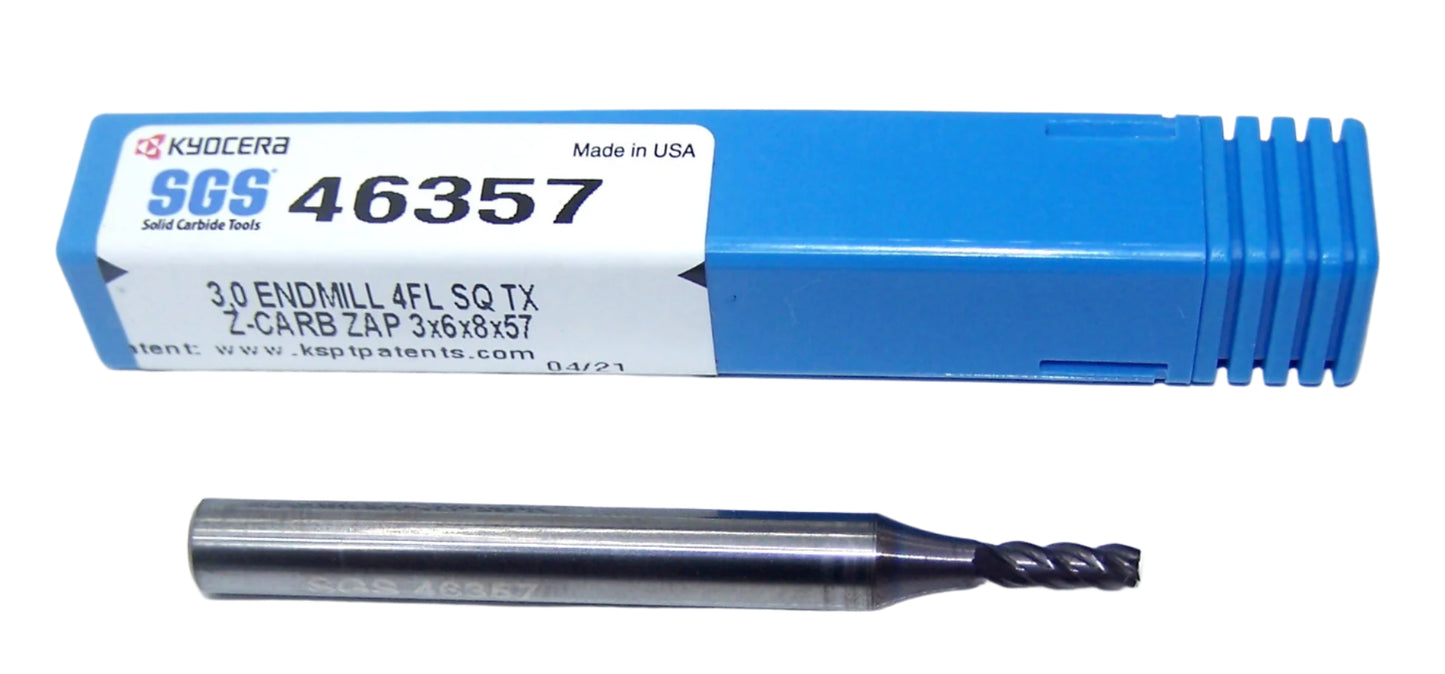 46357 Kyocera SGS 3.00mm Carbide 4 Flute End Mill Square .1181" Diameter .315" Flute 2.24" Length .236" Shank Z-Carb ZAP