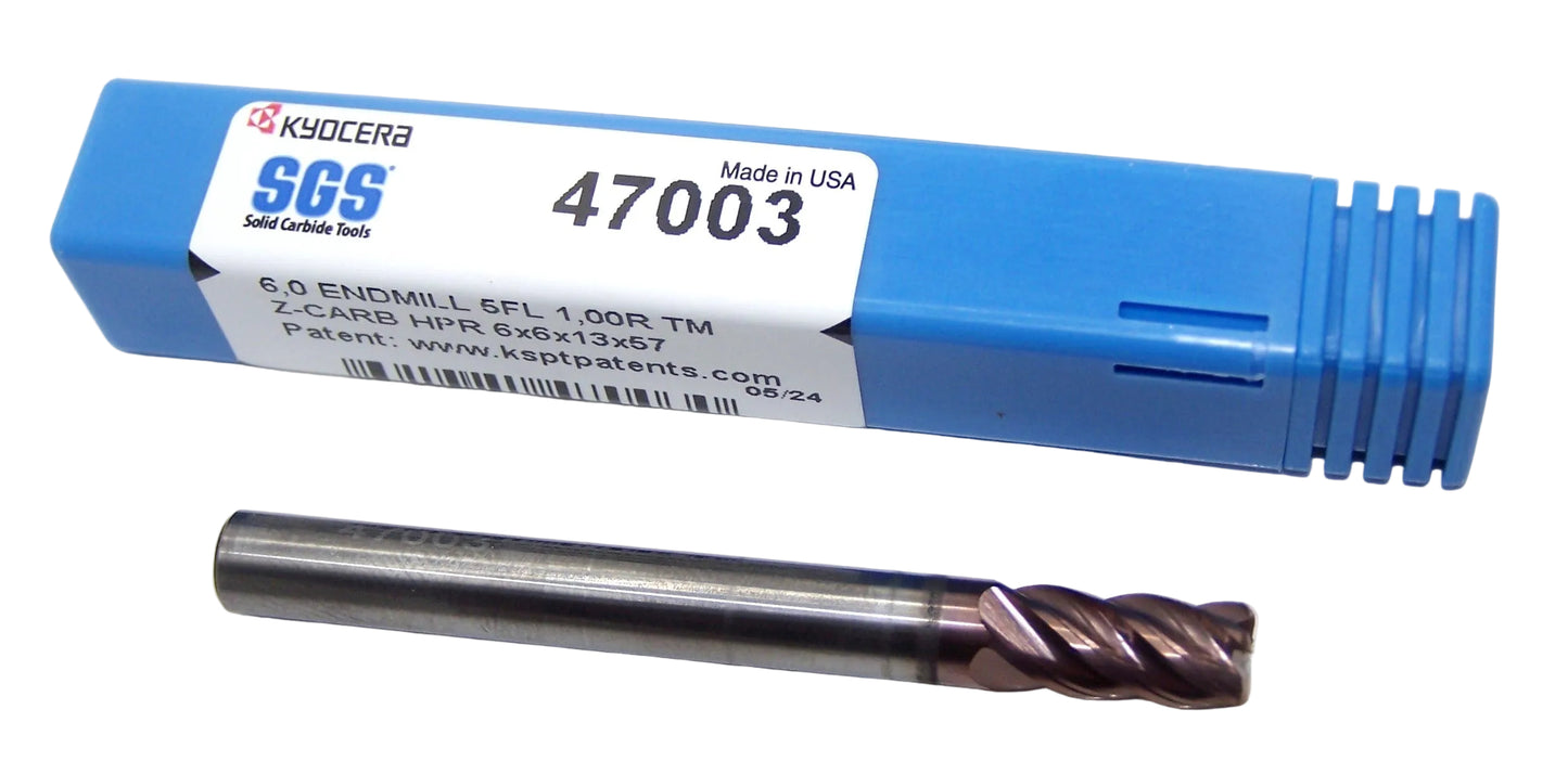 47003 Kyocera SGS 6.00mm Carbide 5 Flute End Mill .039 Radius .2362" Diameter 0.512" Flute 2.24" Length .236" Shank Z-Carb HPR