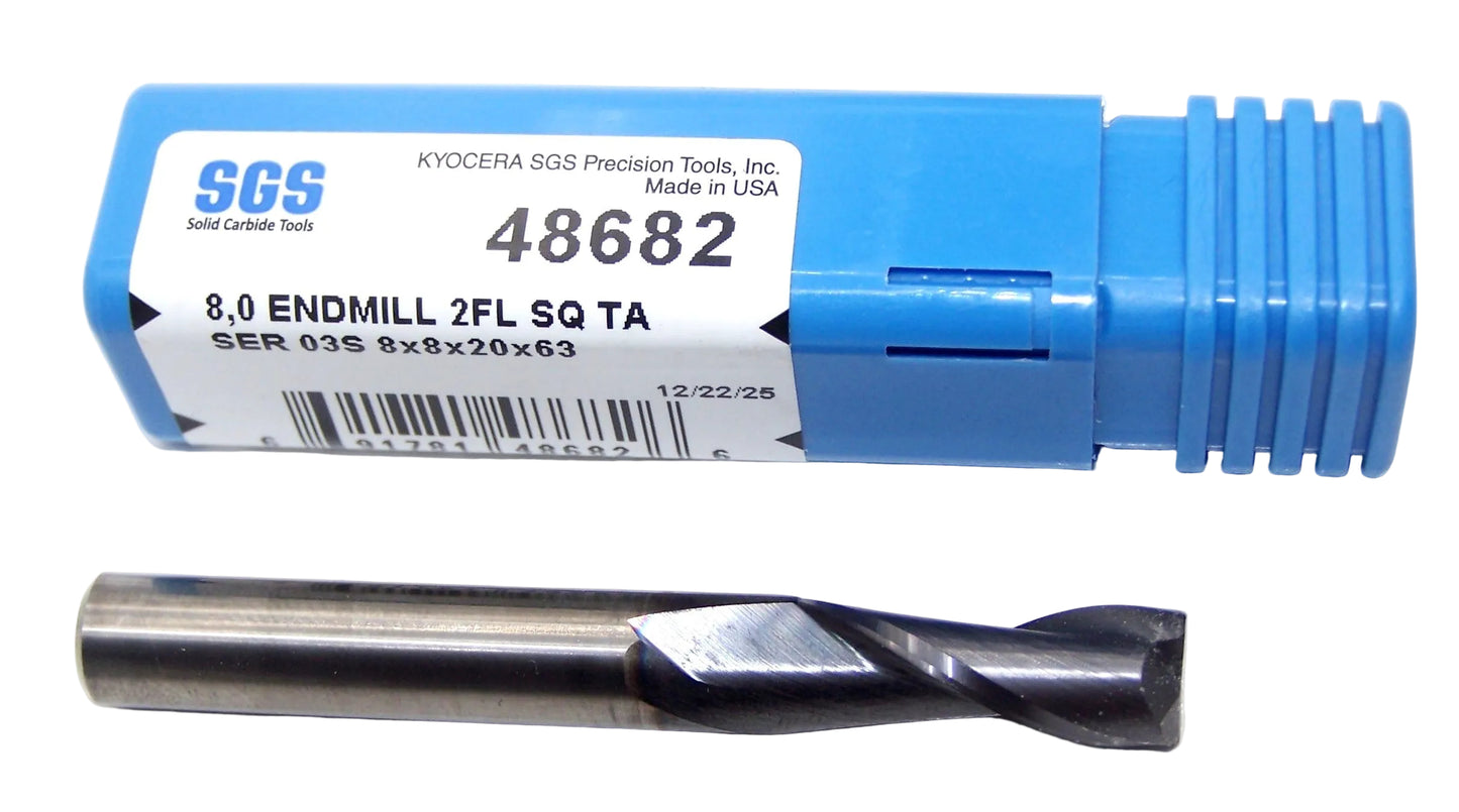 48682 Kyocera SGS 8.00mm Carbide End Mill 2 Flute SQ AlTiN Coated .315" DIA .787" Flute 2.48" Length .315" Shank