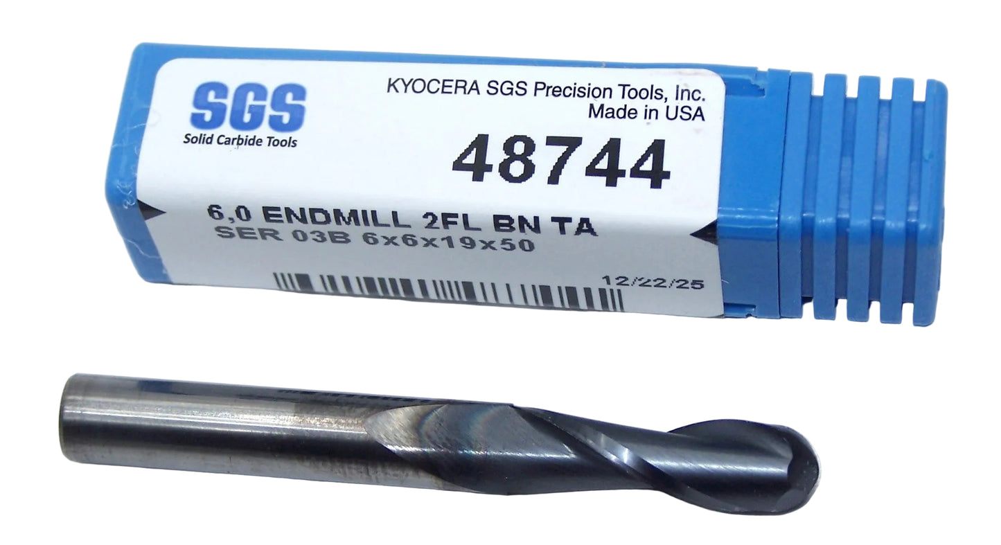 48744 Kyocera SGS 6.00mm Carbide 2 Flute End Mill Ball End AlTiN Coated .236" Diameter 0.748" Flute 1.97" Length .236" Shank